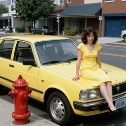 a picture of a yellow-car parked next to a red-hydrant with a woman in a yellow-dress sitting on the hood, BEUTIFUL!, surreal, in style of Tom Bagshaw,  artgerm, norman rockwell, Edward Hopper