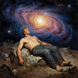 political cartoon robust, atmospheric by thomas moran. conceptual art. paralyzed by the indescribable beauty of the cosmos.