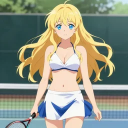 a very beautiful young anime tennis girl, full body, long wavy blond hair, sky blue eyes, full round face, bikini, miniskirt, front view, mid - shot, highly detailed, cinematic wallpaper by stanley artgerm lau