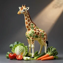a sculpture of a giraffe created from cabbages, tomatoes, carrots, and other vegetables
