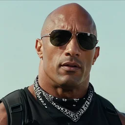 film still close - up shot of dwayne johnson from the movie predator. wearing wearing sunglasses and bandana. photographic, photography