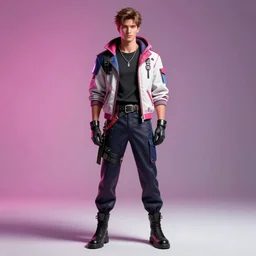 full body view portrait high quality render realistic high detail cinematic digital concept art of a young man dressed in stylish future clothing with face visible by artgerm and greg rutkowski and marc simonetti, artstation trending, vibrant colour, blank background, valorant, fortnite