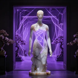 beautiful mannequin sculpted out of onyx by billelis + lit with geometric neon printed lavender kintsugi + doorway opening to a new dimension with geometric fractal vaporwave light + flowering bonsai trees!!!!, transcendent, clean linework, dramatic, moody, finely detailed, 4 k, trending on artstation, award winning, photorealistic, volumetric lighting, octane render