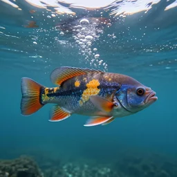 ultra realistic underwater photography, panoramic picture of a river with ( subject : a very big exotic brightly coloured fish ). lots of bubbles. wavy, scattered light entering from the water surface, artstation, 8 k