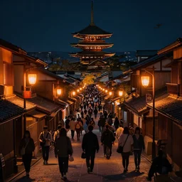 medieval kyoto street at night landscape, crowded streets, orange street lights everywhere, 8K, trending on artstation, golden ratio, rule of thirds, low key, extremely high detail, concept art