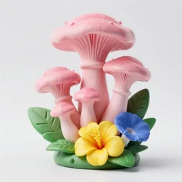 a stunning ultra detailed plastic sculpture made of pink oyster mushroom, montsera leaves, yellow hibiscus, morning glory flowers by barbara hepworth, artstation, 8 k, deep depth of field, top lit, museum piece, rectangular dimensions
