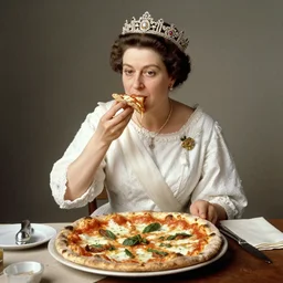 historical photo of queen margherita ( savoy ) eating!!! a pizza! margherita, full body, portrait photo, diffuse light, acclaimed masterpiece