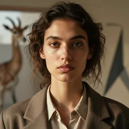 detailed portrait in femininity, realistic face sculpted features, ethnic, exotic, deep clear eyes, statuesque, gazelle, warm glowing skin, wild hair, collared shirt, structured jacket, chiaroscuro, tangible, angular impressionism, ambient morning light, backlight, arabesque backdrop, contemporary, modern fashion, natural colors