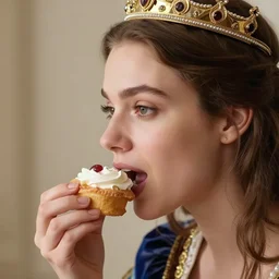 closeup face profile portrait of a fairytale princesse wearing a crown eating cakes, nicoletta ceccoli, mark ryden, hyper realistic, artstation, illustration, digital paint, matte paint, vivid colors, bright, cheerful, detailed and intricate cathedral kitchen environment