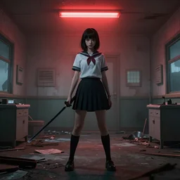 School girl holding a katana and standing on an abandoned hospital room with red ceiling lighting, gloomy and foggy atmosphere, octane render, artstation trending, horror scene, highly detailded