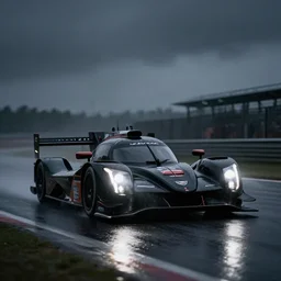black cadillac blackwing 2023. ct5-v GT3 LMP1 car racing on dimly lit track overcast skies raining. headlights illuminating track, volumetric lighting cinematic vray photo muted colors dark cinematic. dark photo. front side view uncropped centered. artstation trending dramatic harsh lighting low exposure, motion blur, dof