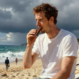 andy murray eating chocolate on the beach, sunshine, illustration, by boris vallejo, julie bell, luis royo, frank frazetta