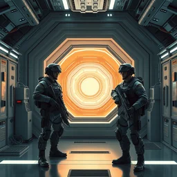 photograph of modern united states soldiers guarding a futuristic interdimensional portal in a laboratory, hard sci - fi