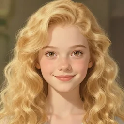 young blond girl with long curly, golden hair, perfectly proportioned face, brown eyes, sweet smile, strong jawline,, natural lighting, path traced, highly detailed, high quality, cartoon, digital painting, by new haicheng and studio ghibli and alphonse mucha