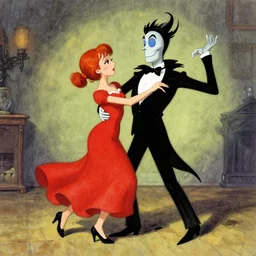 awkward couple dancing, illustrated by edward gorey, lagerstedt, tim burton