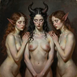 a demonic portrait of Satan and his sexy concubines , white eyes, bored, illustration, soft lighting, soft details, painting oil on canvas by Edmund Blair Leighton and Charlie Bowater octane render, HDR, trending on artstation, 4k, 8k, HD
