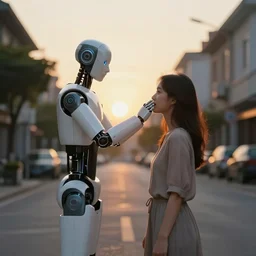 a calming photograph of a slender, humanoid robot caresses a beautiful human woman in the face, large shot, wide shot, in a street, sunset photo