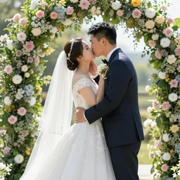 the groom kisses the bride at a wedding full of flowers, bright and happy, art, highly detail, 4 k realistic, wedding photo, by charles angrand
