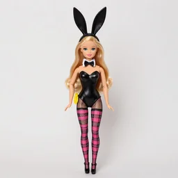 barbie doll, leather bunny costume bodysuit, playboy, rabbit ears, plaid tights, full length, raspberry banana color, lace