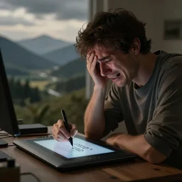 photo of an artist crying into their graphics tablet after losing yet another customer to ai generated art