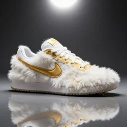 nike shoe made of very fluffy white and gold faux fur placed on reflective surface, professional advertising, overhead lighting, heavy detail, realistic by nate vanhook, mark miner