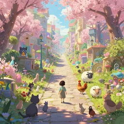 a dreamy otherworldly 3 d render of stone pathway through lively city full of animals, cats, rodents, chicken, sheep, studio ghibli, pixar and disney exploded - view drawing, sharp, disney octane render splatter paint vray by shinji kimura and alphonse mucha and alena aenami, maximalist pastel color palette, ( ( bloom ) ), dramatic lighting