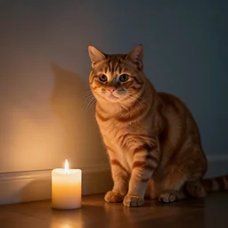 ginger cat, candle lighting