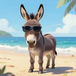 A donkey wearing cool sunglasses at the beach, digital art, by Małgorzata Kmiec
