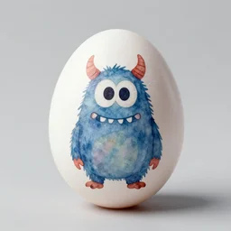 portrait of an egg with a water - color monster on it, studio lighting, product photo