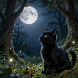 a stunning ultra detailed fantasy fine art photo of a black cute kitten looking at a full moon in a sinuous forest with fireflies, by tomasz alen kopera and tom bagshaw, night, very detailed, shallow depth of field, 8 5 mm lens, soft lighting, artstation, highly coherent, 8 k