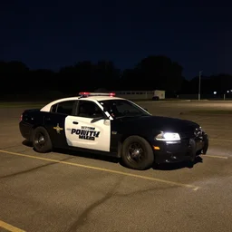 candid nighttime photo of a county sheriff livery police car dodge charger parked in an empty parking lot at night dark midnight
