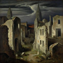 the ruins of an old overgrown city at the end of times painting by de chirico