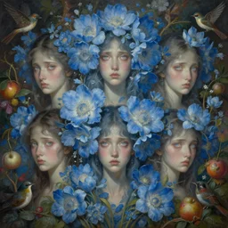 breathtaking detailed concept art painting pattern of goddesses of light blue flowers with anxious piercing eyes and background blend of flowers and fruits and birds, by hsiao - ron cheng and beto val and john james audubon, bizarre compositions, exquisite detail, extremely moody lighting, 8 k