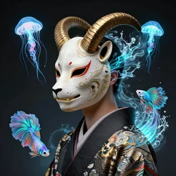 man - up profile portrait biomechanics with ram skull. beautiful intricately detailed japanese wolf kitsune mask and clasical japanese kimono. betta fish, jellyfish phoenix, bio luminescent, plasma, ice, water, wind, creature, artwork by tooth wu and wlop and beeple and greg rutkowski. gold black teal and blue color scheme