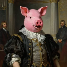 neoclassical portrait of a pink prince in his pink pig mask in his temple, by jacques - louis david, by greg rutkowski, by zdzisław beksinski, by josep tapiro baro, trending on artstation, featured on pixiv, masterpiece, oil on canvas, cinematic composition, dynamic beautiful lighting,