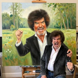 old!!!!!!!!!!!!!!!!!!! bob ross is sad and angry and yelling!!!!!!!!!!!!!!! at a huge painting of nature!!!!!!!!!! by bob ross