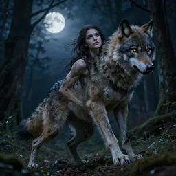 photo of a beautiful woman partially transforming into a werewolf, in the moonlit forest. physiological transformation ; hybrid creature. highly - detailed ; photorealistic.