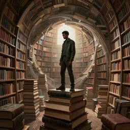 young urban black man standing on a stack of giant books, swirling infinite libray, beautiful digital painting, concept art, mysterious and magical, highly detailed, octane render, 8 k, unreal engine. art by artgerm greg rutkowski charlie bowater alphonse mucha