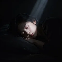 hyperrealistic render with very extreme intricate details, complete darkness with a single ray of moonlight lighting up a sleeping girl's face by wlop, silhouette, rim lighting, complete void