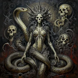 a hiper intricate oil portrait of a snake godess of death, drip painting, skuls excelent composition, wide shot, by zdzislaw beksinski, intricate, horror atmosphere, unreal engine 5 highly rendered, global illumination