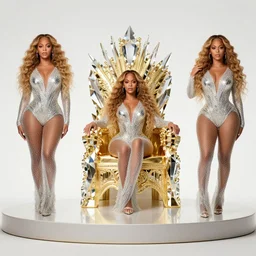 triptych of beyonce, queen of america and a crystal gold throne in front of it on an elevated platform