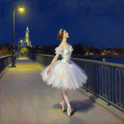 a hiper intricate oilpainting of a beautiful ballerina walking at midnight by the light of the street lights on the lonely bridge extremely detailed, sharp focus, wide view, smooth, digital illustration, colorfull, by william turner art, by edgar degas, by edmund dulac