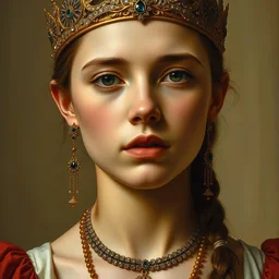 clothed in blouse, tiara, necklace, earrings. close - up face portrait painting of young scythian massaget saka princess, by boris vallejo.