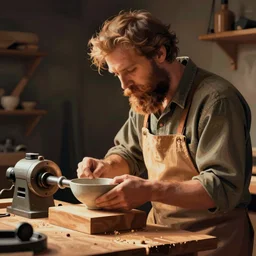 bearded man makes bowl on lathe, woodworking, vector art