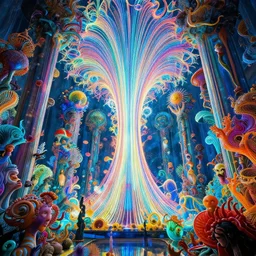 interior mythical glass temple, infinite fractal ascent, radiation waves, synthwave, bright neon colors, highly detailed, cinematic, eyvind earle, tim white, philippe druillet, roger dean, ernst haeckel, lisa frank, aubrey beardsley, kubrick