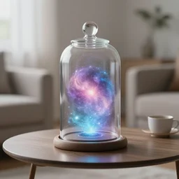 the universe enclosed in a bell jar sitting on a coffee table, ultra realistic, soft lighting, ethereal,