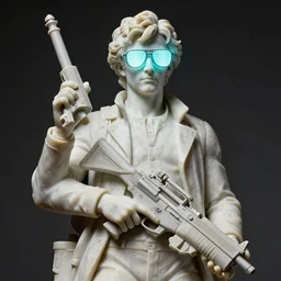a detailed full bodied marble sculpture of jensen ackles doctor who, holding a milkor mgl, wearing glowing neon shuttered 1 9 8 0 s glasses!!!!, aetherpunk, masterpiece, 8 k, art by greg rutkowski and albert bierstadt and arthur rackham and alphones mucha