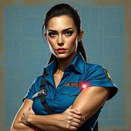 epic portrait of slightly muscular woman wearing blue short sleeved uniform and carrying laser pointer, blueprint as background, detailed, digital painting, artstation, concept art, donato giancola, joseph christian leyendecker, wlop, boris vallejo, breathtaking, 8 k resolution, extremely detailed, beautiful, establishing shot, artistic, hyperrealistic, beautiful face, octane render