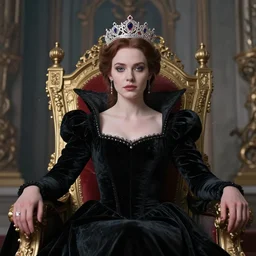 cassandra cain as a queen, wearing black velvet dress with a tiara, sitting on a throne, art by artgerm, wlop, loish, ilya kuvshinov, 8 k realistic, hyperdetailed, beautiful lighting, detailed background, depth of field, symmetrical face, frostbite 3 engine, cryengine,
