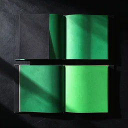 flatlay book collection, vivid colors, dramatic lighting, black and green